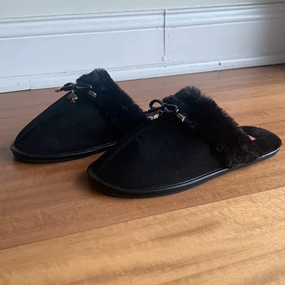 Kate Spade Lacey Textile Faux Fur Slippers Black 7B (US) 37.5 (EU)